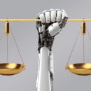 ρομποτικό χέρι κρατά τη ζυγαριά της δικαιοσύνης